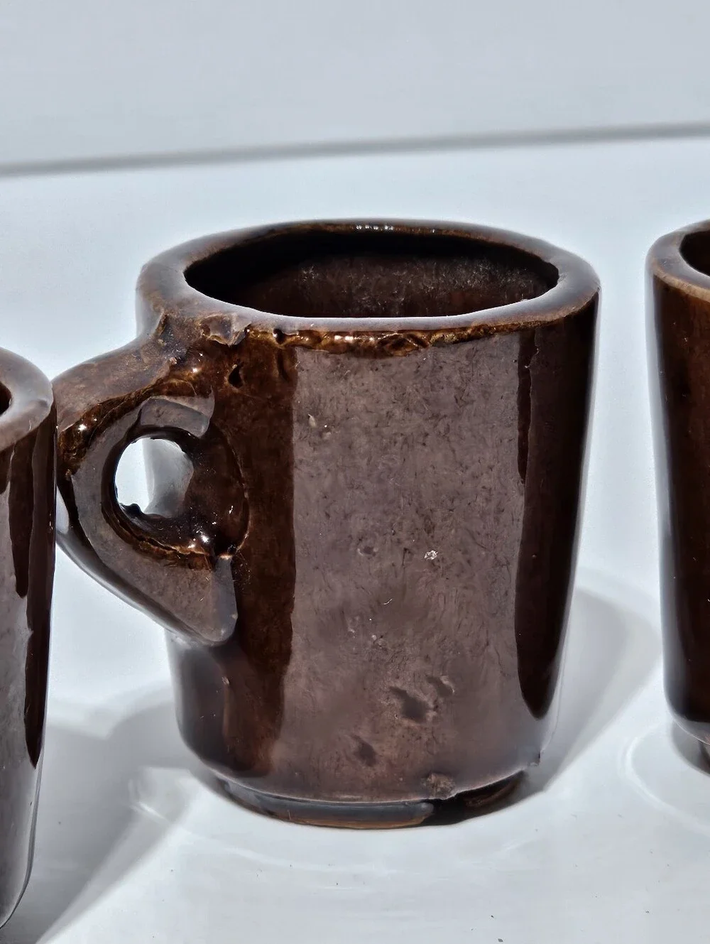 Vintage Mid-century Brown Glazed Ceramic Miniature Mug-style Shot Glasses 4